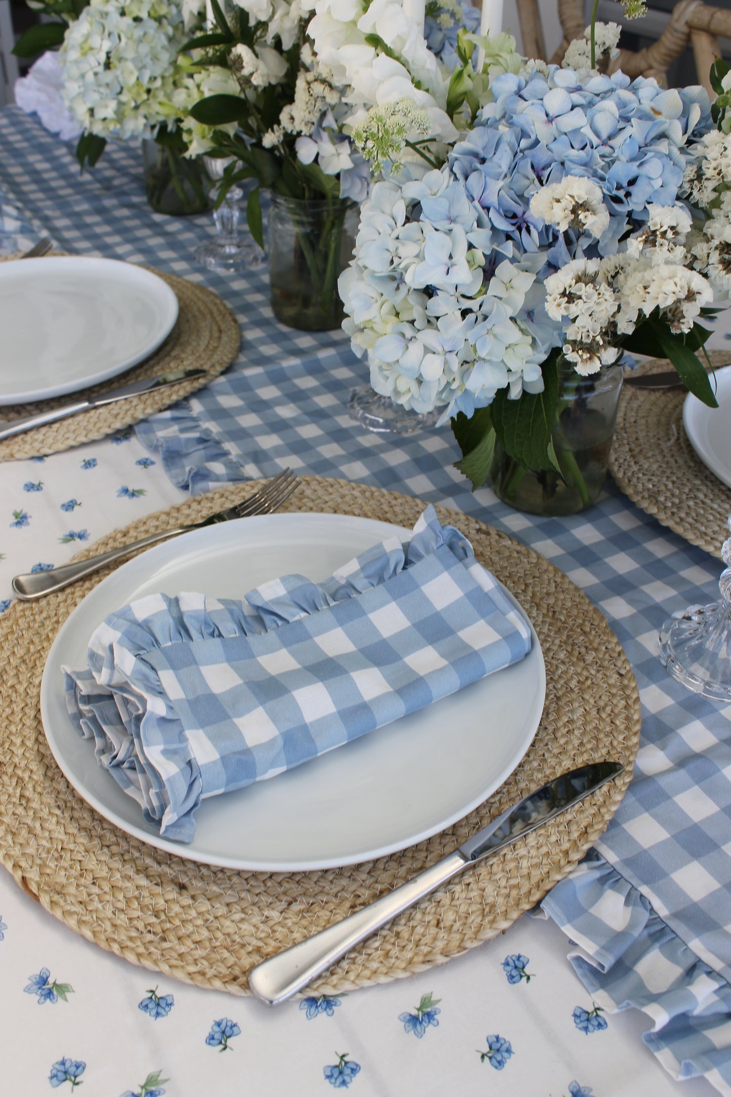 French Blue Gingham Ruffle Table Runner