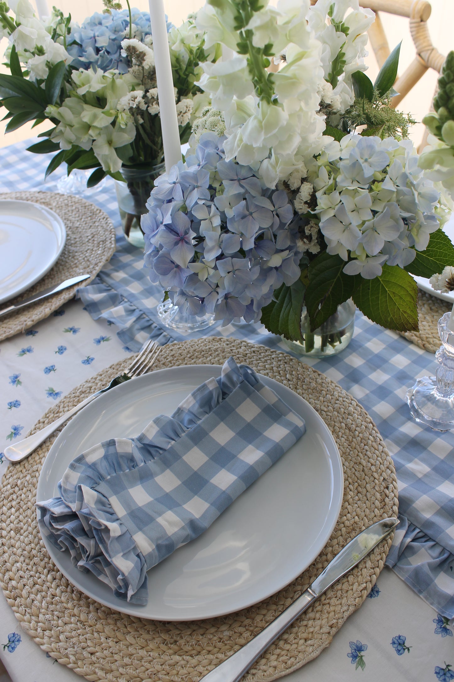 French Blue Gingham Ruffle Table Runner