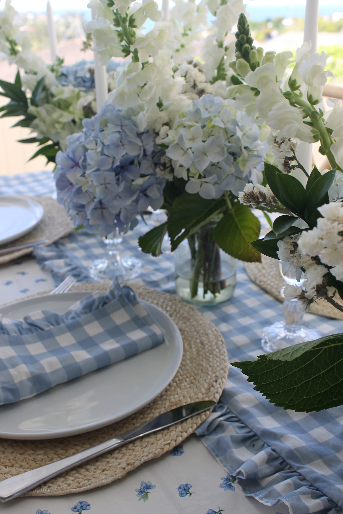 French Blue Gingham Ruffle Napkins - Set of 2
