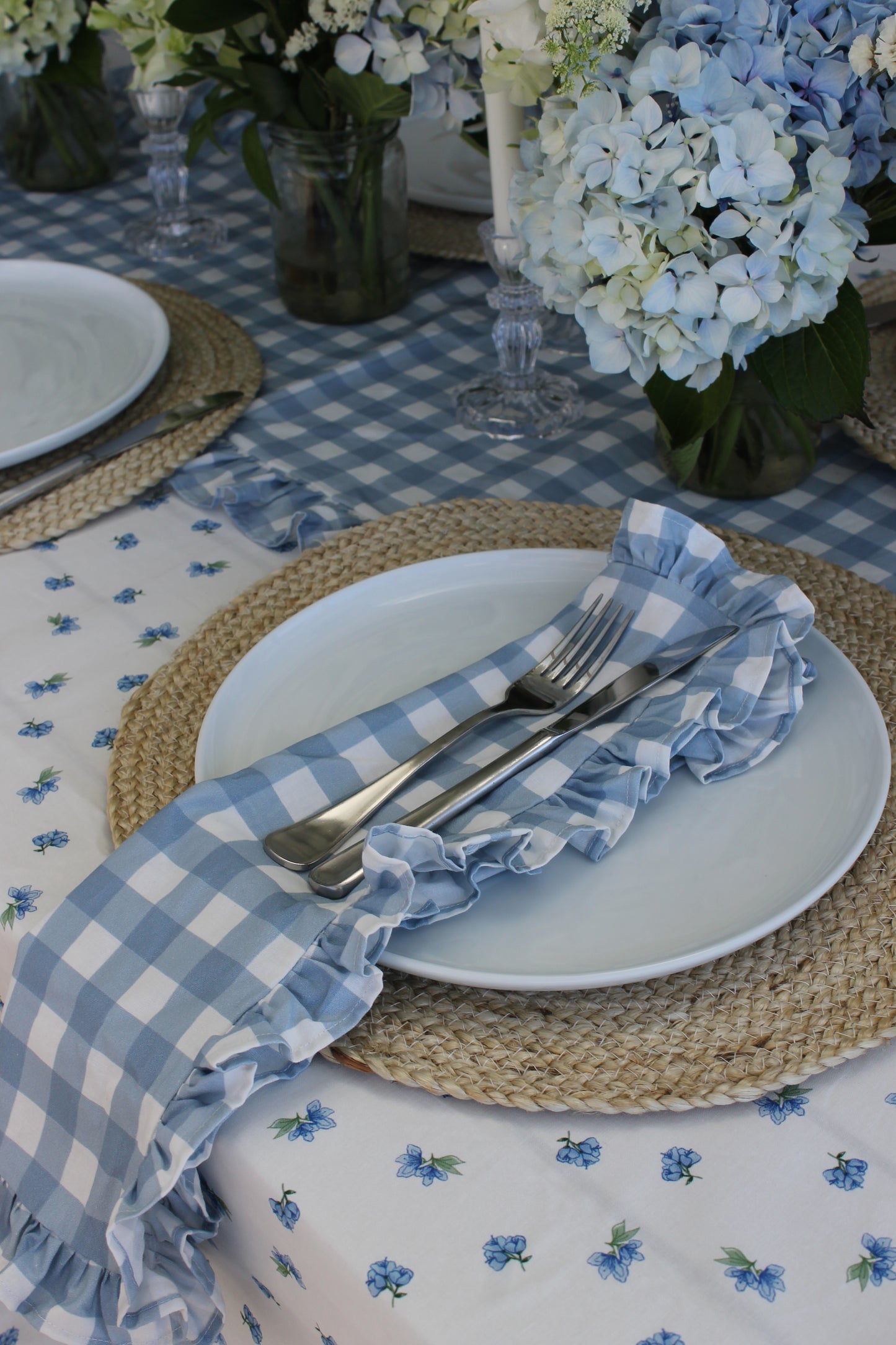 French Blue Gingham Ruffle Napkins - Set of 2