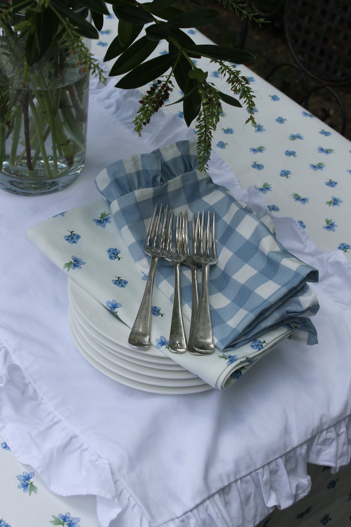 French Blue Gingham Ruffle Napkins - Set of 2