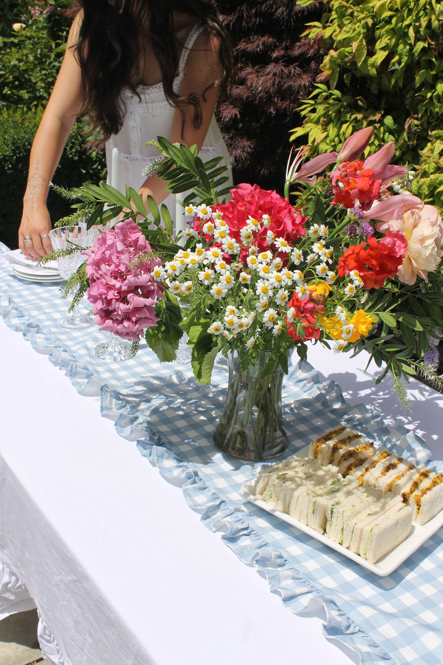 French Blue Gingham Ruffle Table Runner