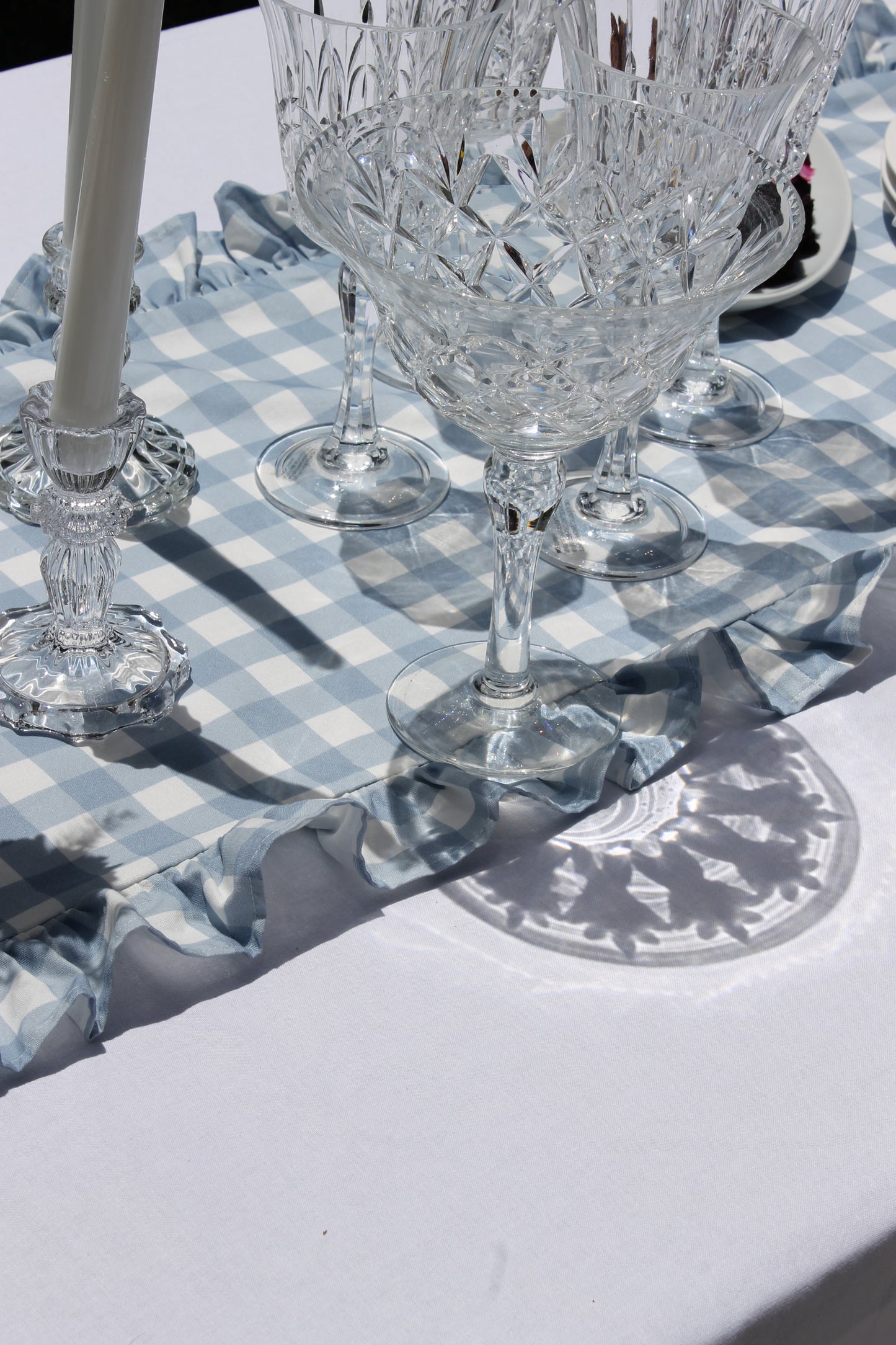 French Blue Gingham Ruffle Table Runner
