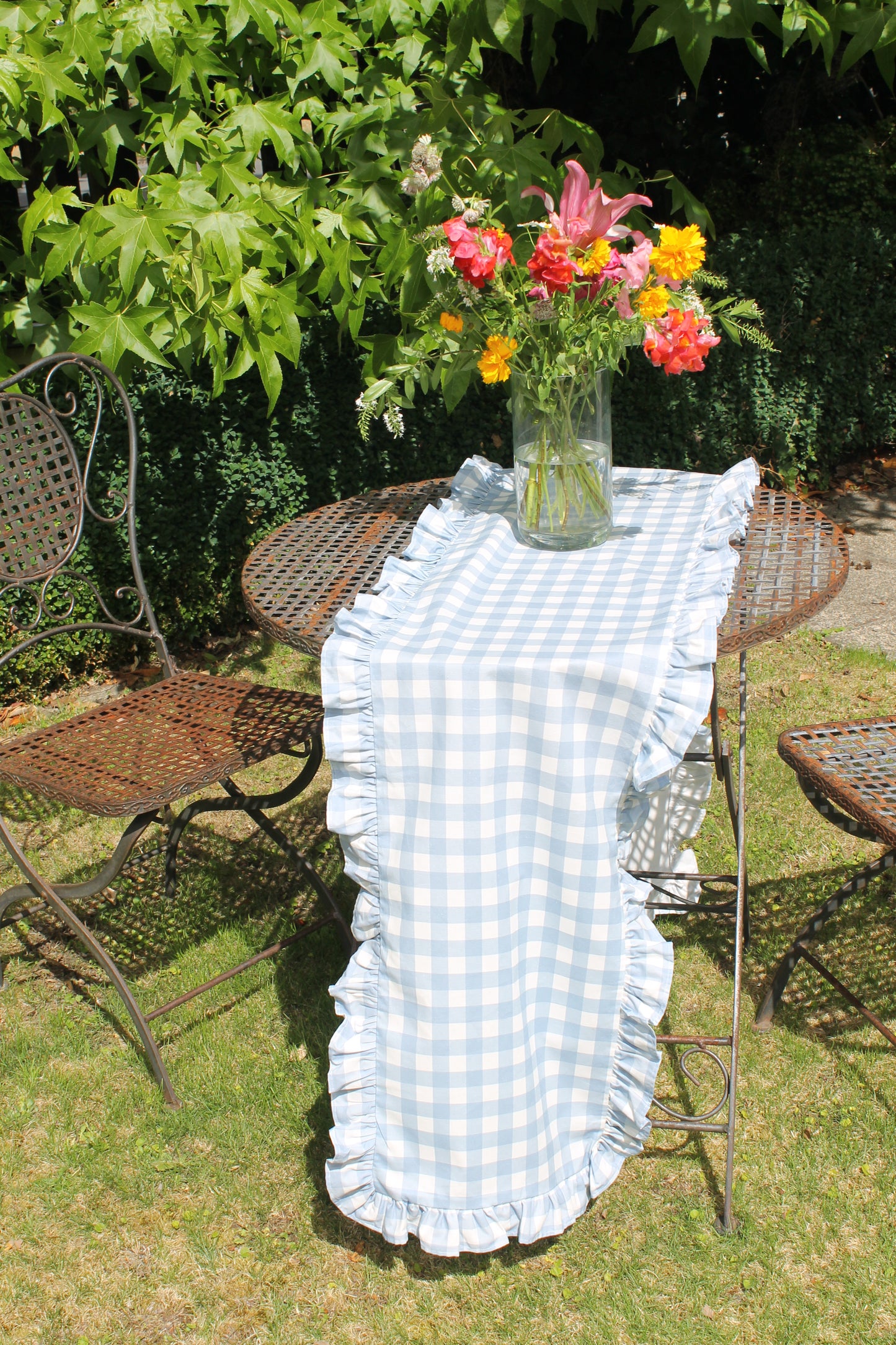 French Blue Gingham Ruffle Table Runner