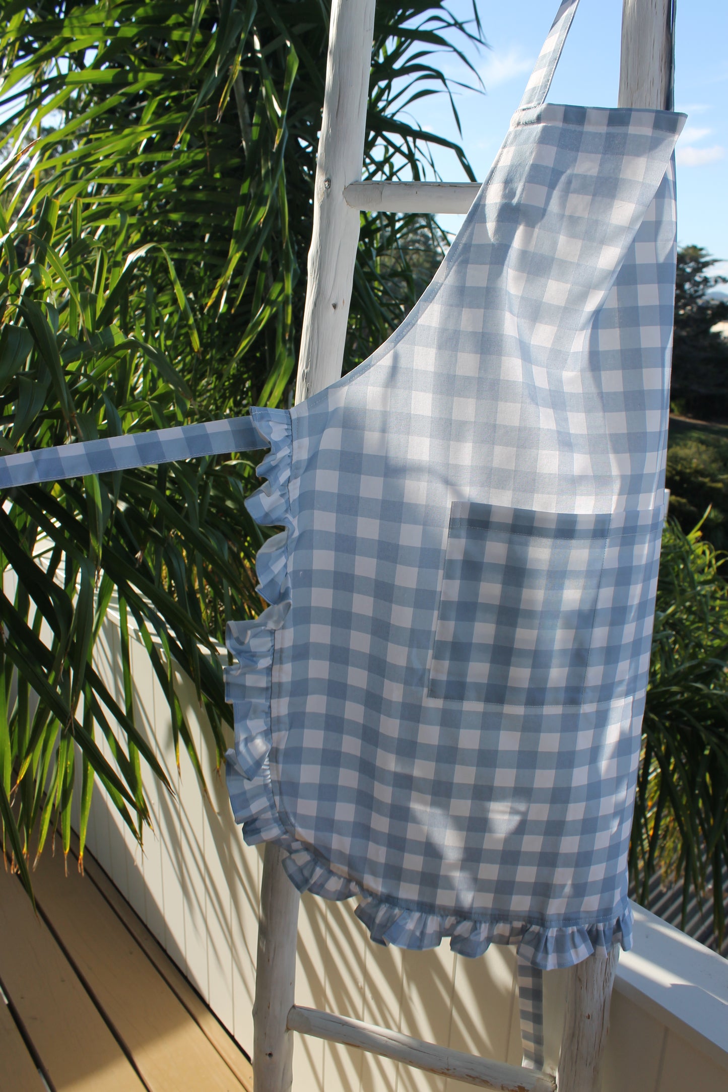 French Blue Gingham Ruffle Apron