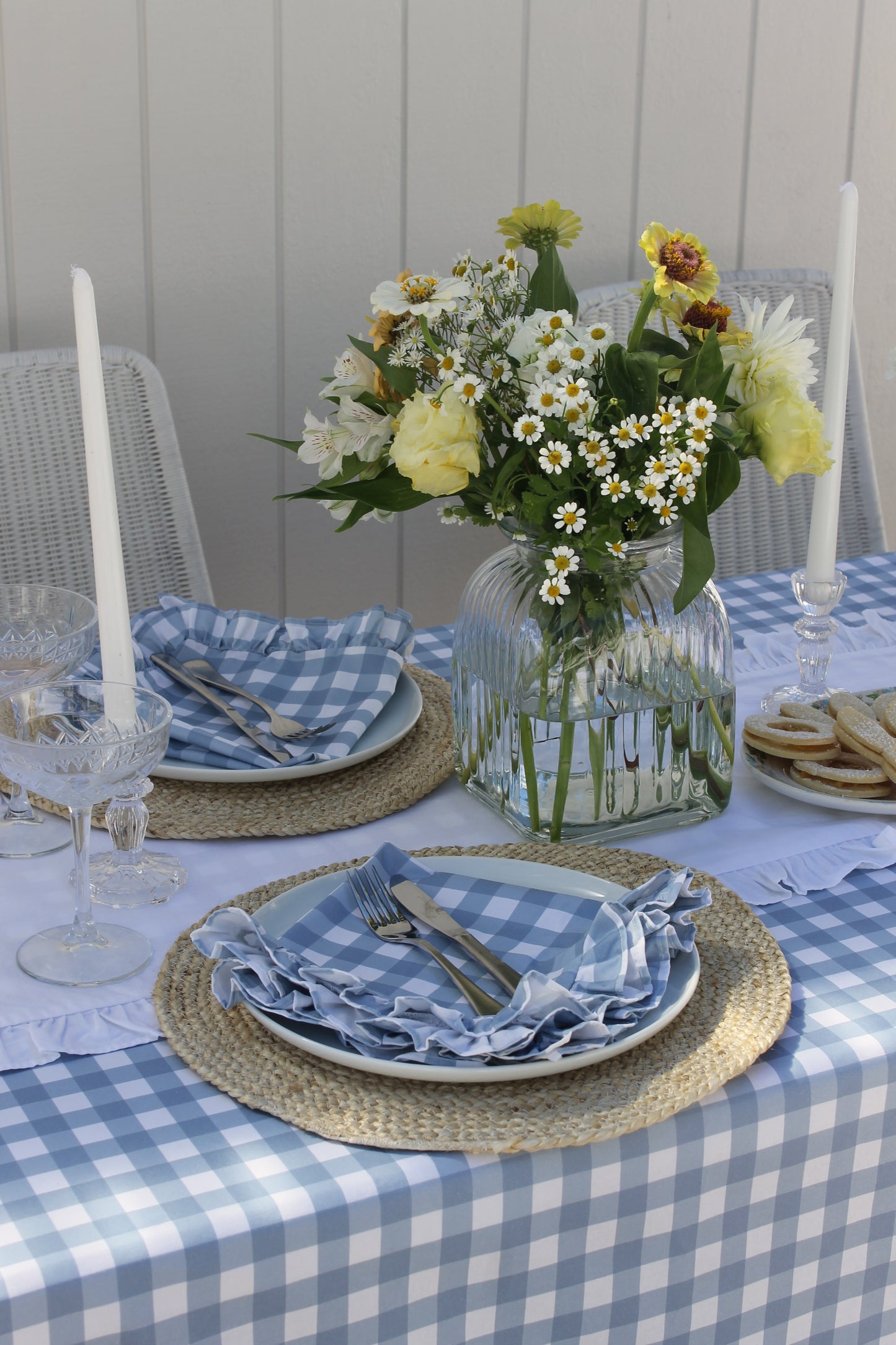 French Blue Gingham Ruffle Tablecloth