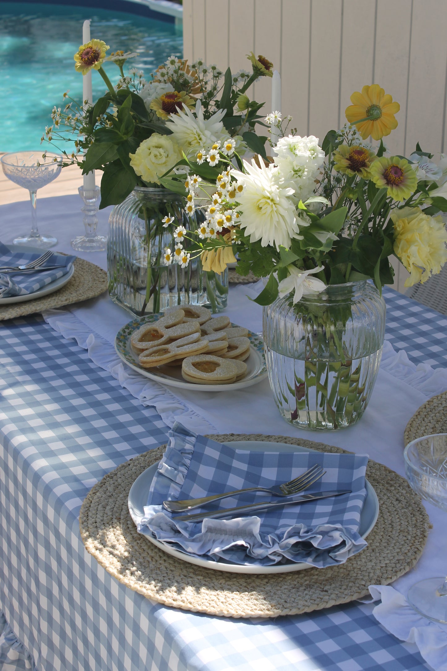 French Blue Gingham Ruffle Tablecloth
