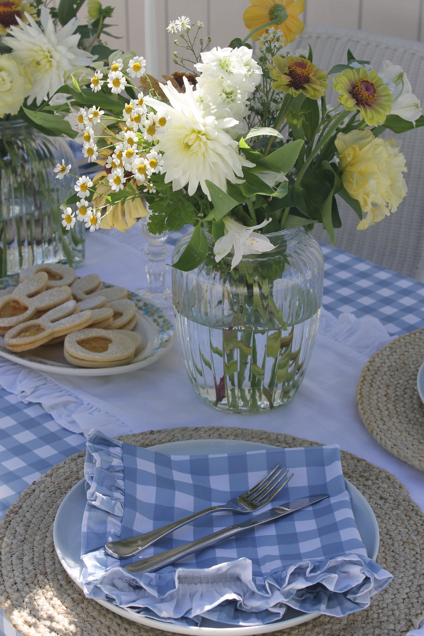 French Blue Gingham Ruffle Napkins - Set of 2