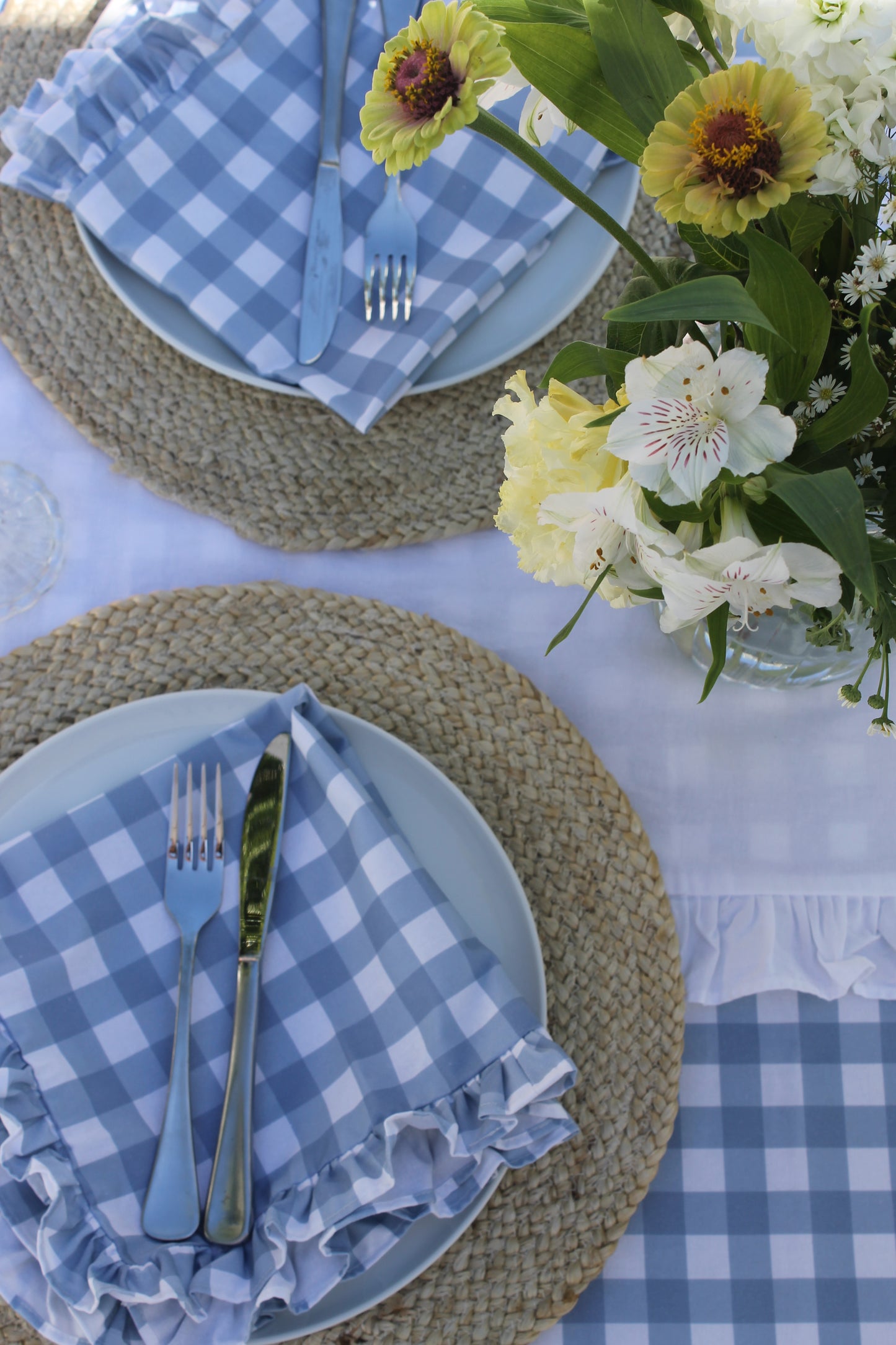 French Blue Gingham Ruffle Napkins - Set of 2