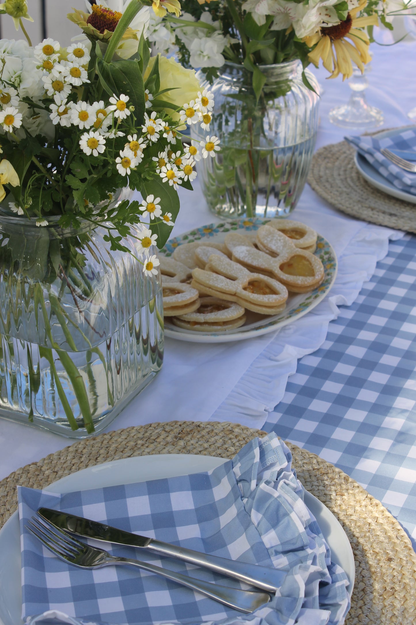 French Blue Gingham Ruffle Napkins - Set of 2