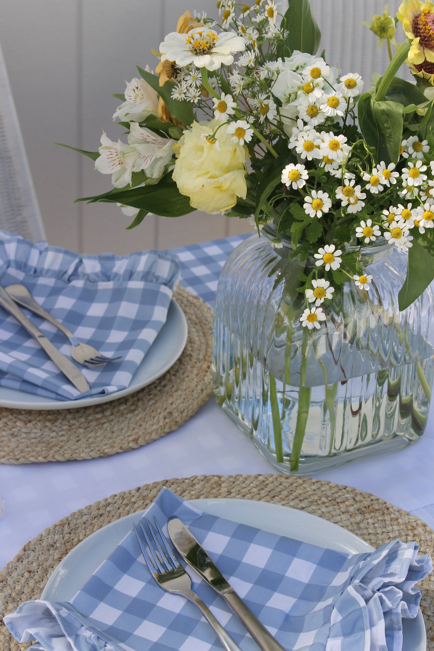 French Blue Gingham Ruffle Napkins - Set of 2